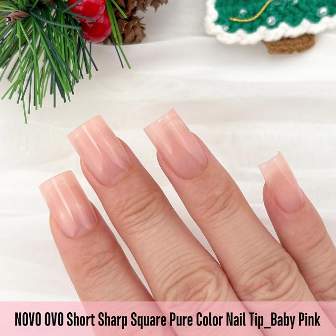 Short Sharp Square Nail Tips Pure Color Baby Pink