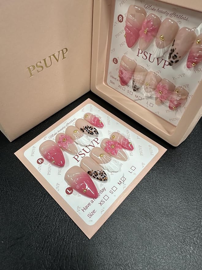 3D pink leopard print flower Press On Nails