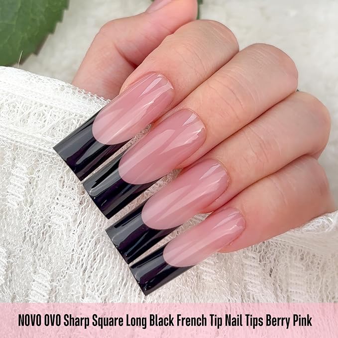 Long Sharp Square Black French Tip Nail Tips Berry Pink 180