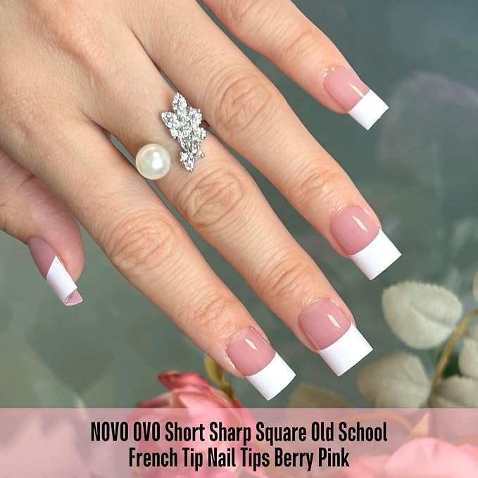 Short Sharp Square Nail Tips Wide White French Tip Berry Pink