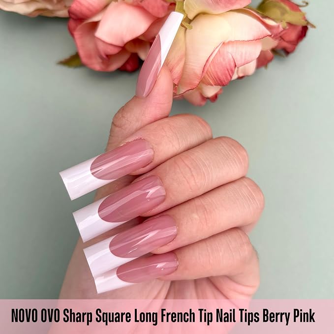 Long Sharp Square White French Tip Nail Tips Berry Pink 180