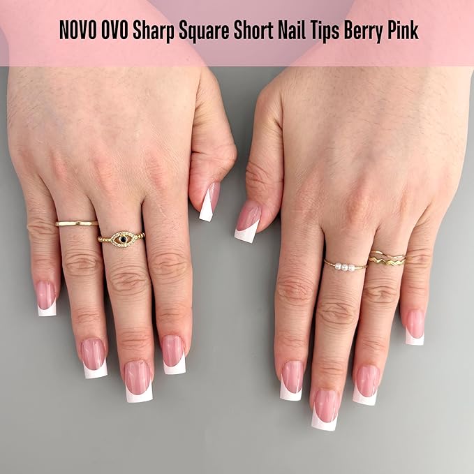 Short Sharp Square Nail Tips White French Tip BERRY PINK