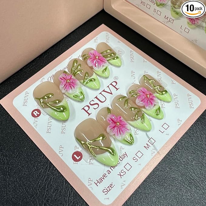3D Spring Green with pink and rose-red flowers Press On nails