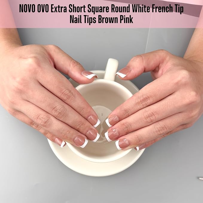 XXS Extra Short Square Round White French Tip BROWN PINK