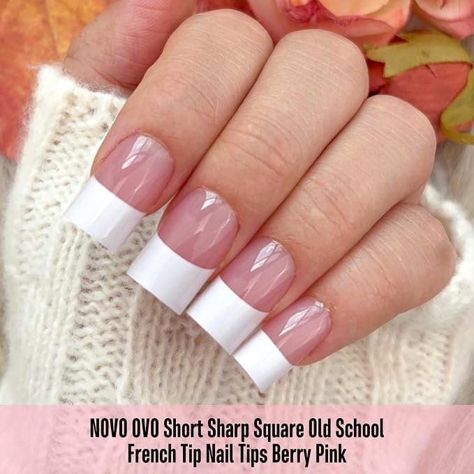 Short Sharp Square Nail Tips Wide White French Tip Berry Pink