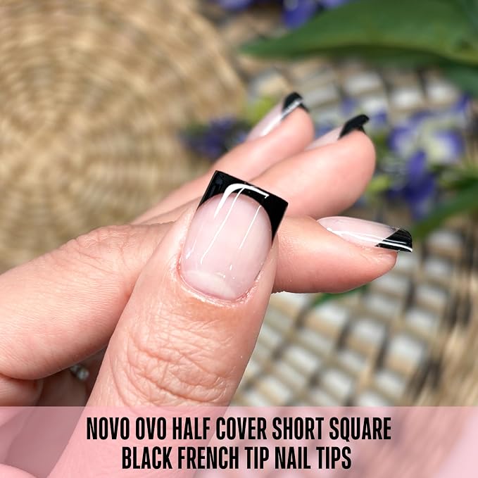 Half Cover Short Square Black French Tip Nail Tips 224