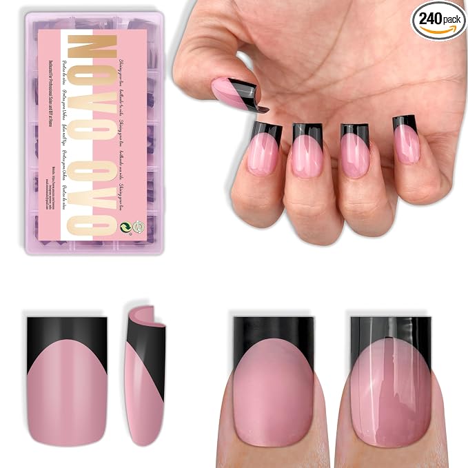 Short Sharp Square Nail Tips Black French Tip BERRY PINK