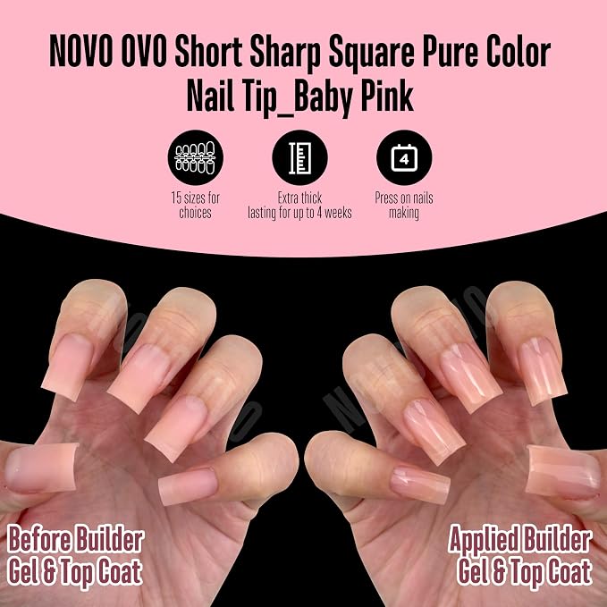 Short Sharp Square Nail Tips Pure Color Baby Pink