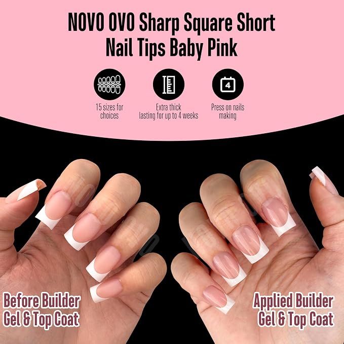 Short Sharp Square Nail Tips White French Tip BABY PINK