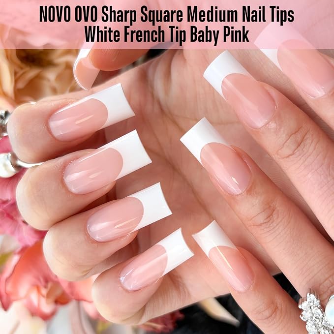 Sharp Square White French Tip Baby Pink