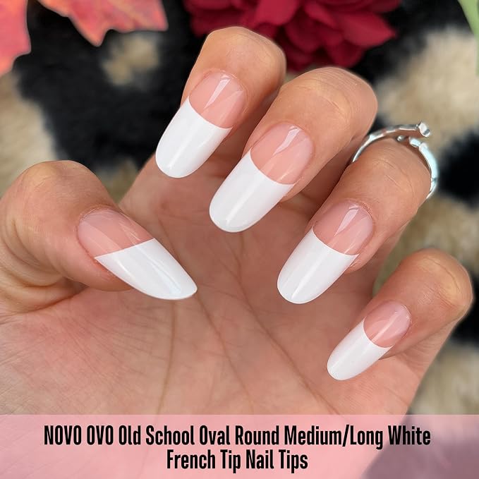 Medium/Long Oval Round Old School White French Tip Baby Pink 240