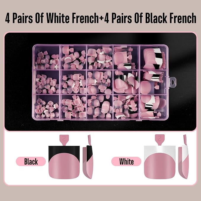 Sharp Square Toe Nail Black and White French Tips Mix