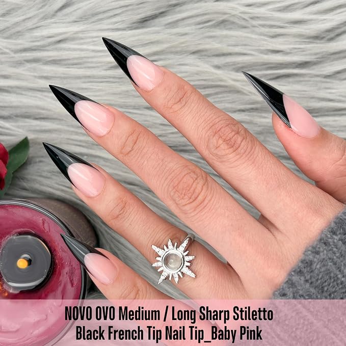 Medium or Long Black French Tip Sharp Stiletto Nail Tips Baby Pink