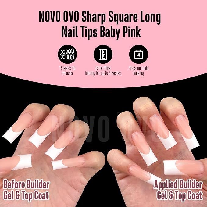 Long Sharp Square White French Tip Nail Tips Baby Pink 180