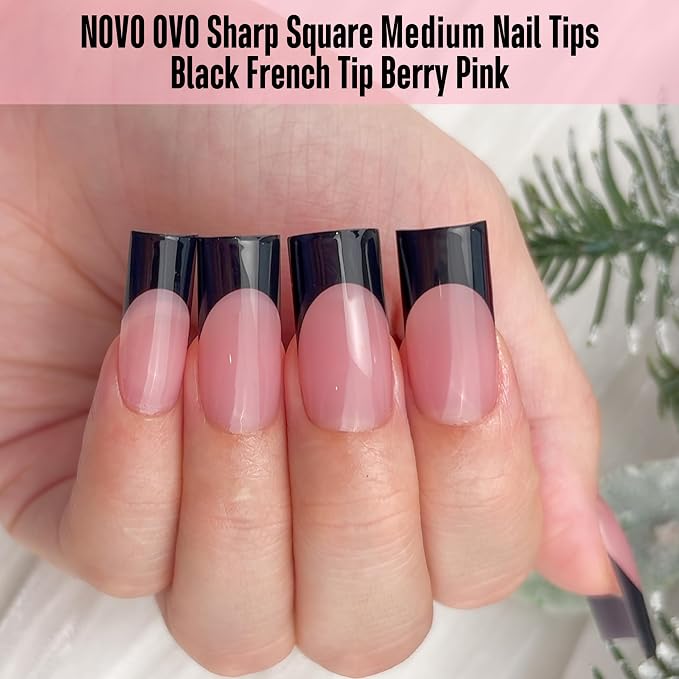 Sharp Square Black French Tip Berry Pink