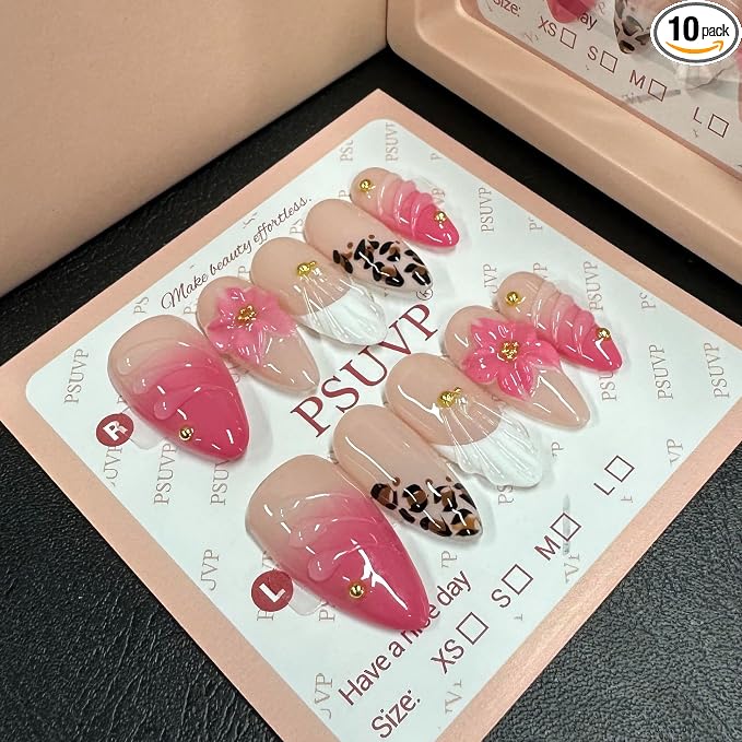 3D pink leopard print flower Press On Nails