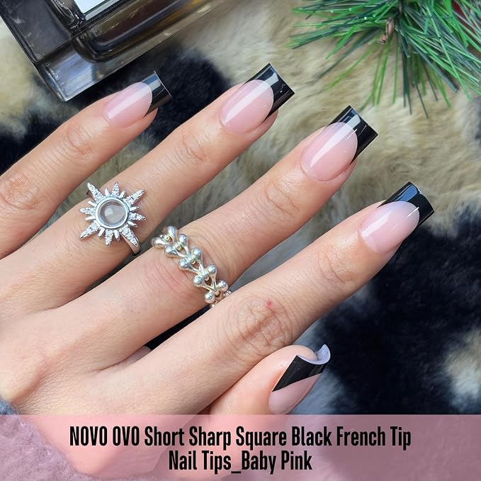 Short Sharp Square Nail Tips Black French Tip BABY PINK
