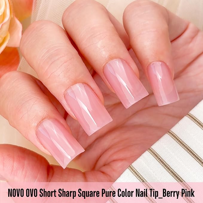 Short Sharp Square Nail Tips Pure Color Berry Pink