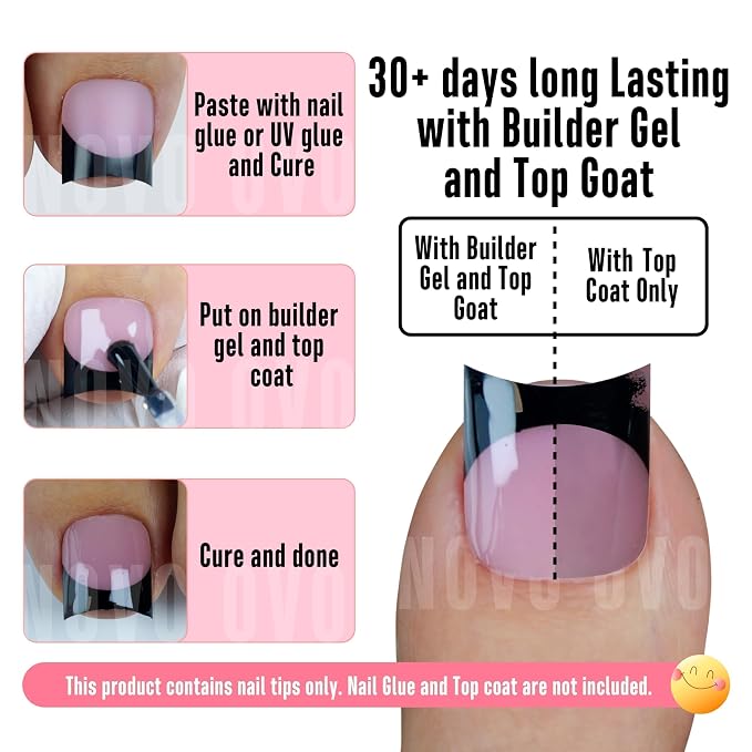 Short Sharp Square Toe Nail Tips with Moon Curve Black French Tip Berry Pink
