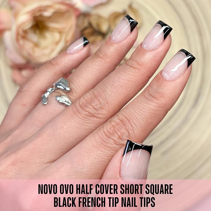 Half Cover Short Square Black French Tip Nail Tips 224