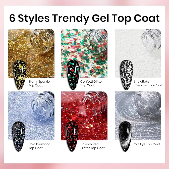 6Pcs Glitter Gel Top Coat Set