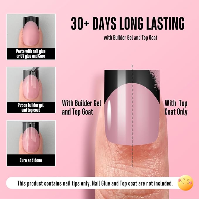 Short Sharp Square Nail Tips Black French Tip BERRY PINK