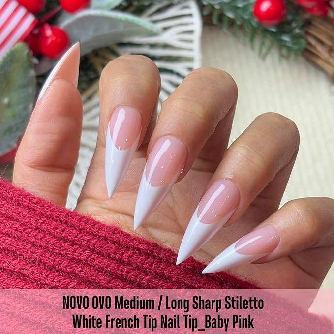 Medium or Long White French Tip Sharp Stiletto Nail Tips Baby Pink