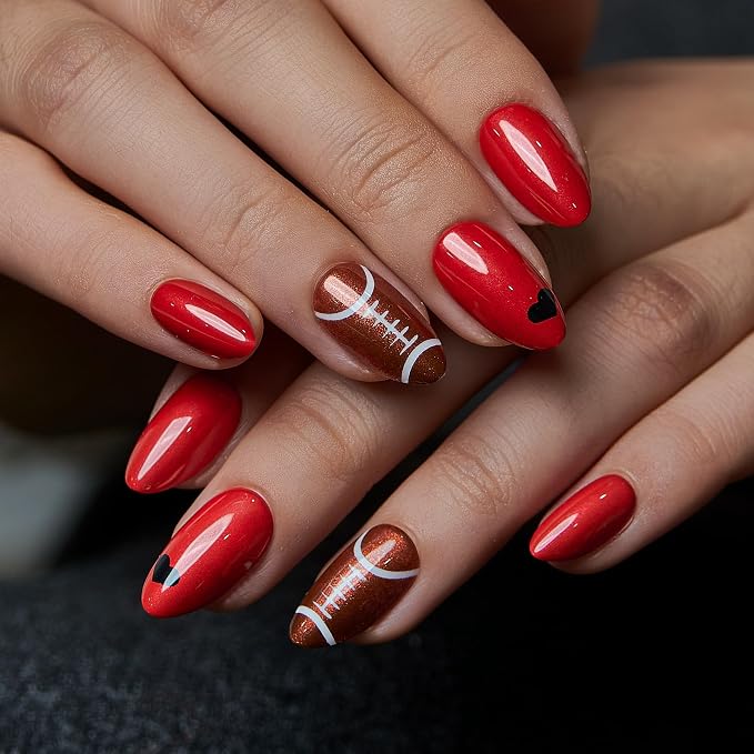 Pearl Red Nails with Football Accents