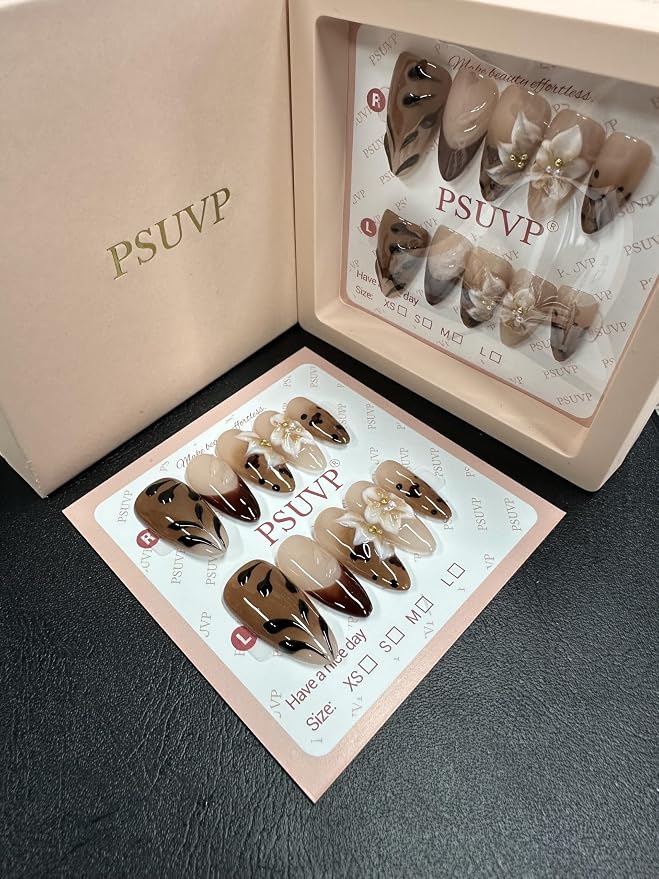 3D Brown flowered Almond Press On Nails