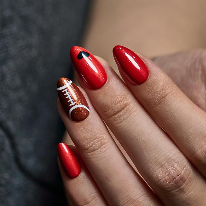 Pearl Red Nails with Football Accents
