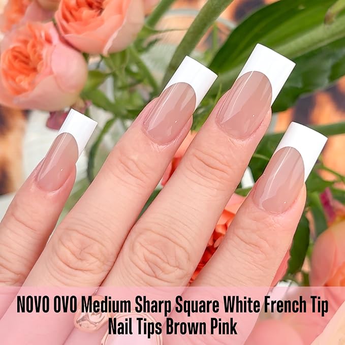 Sharp Square White French Tip Brown Pink