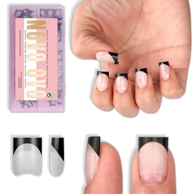Half Cover Short Square Black French Tip Nail Tips 224