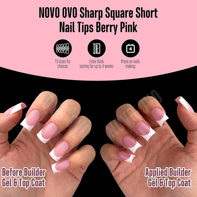 Short Sharp Square Nail Tips White French Tip BERRY PINK