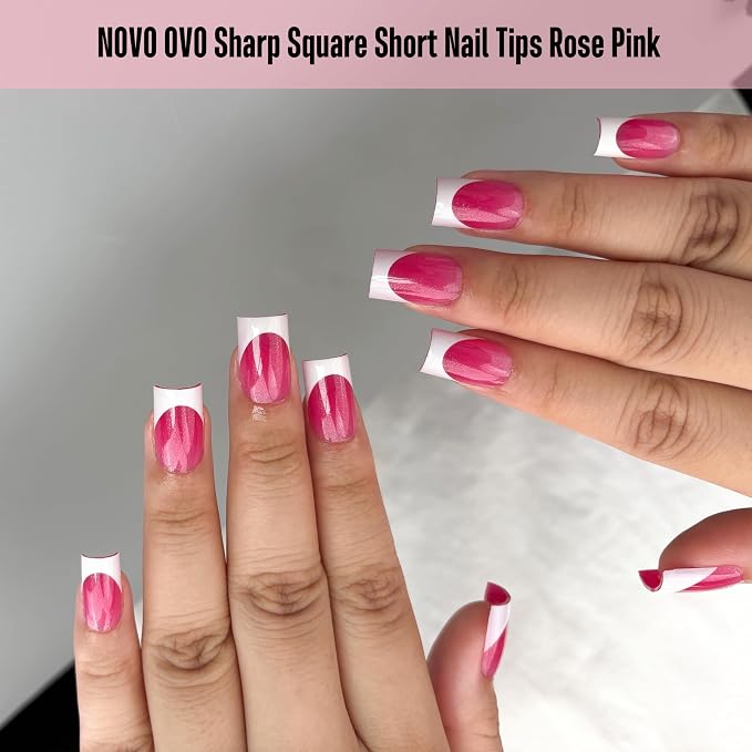 Short Sharp Square Nail Tips White French Tip ROSE PINK