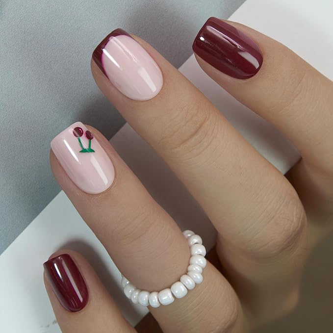 Cherry Accent Solid French Manicure