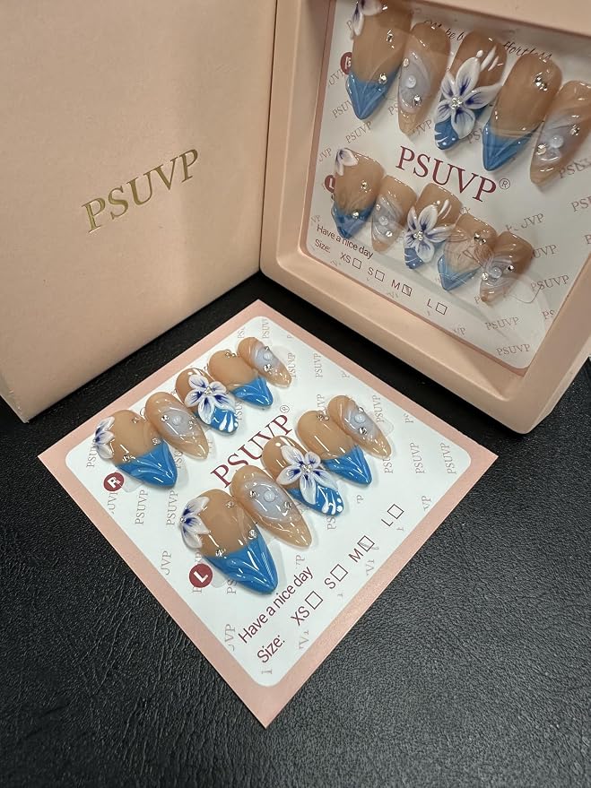 Azure Bloom Almond Press On Nails