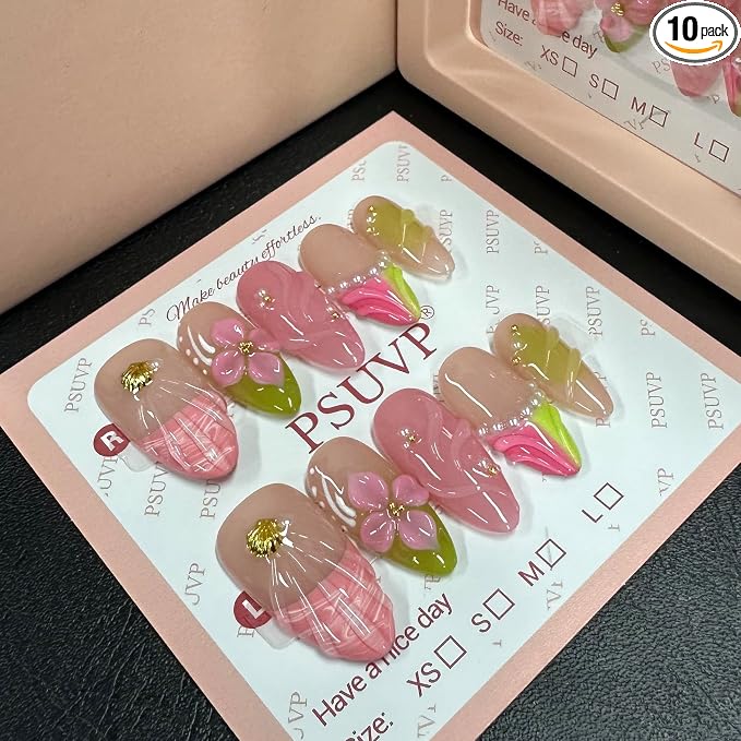 Fresh Pink Green 3D Flower Gold Shell Almond Nails
