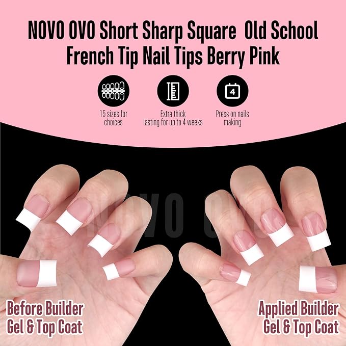 Short Sharp Square Nail Tips Wide White French Tip Berry Pink