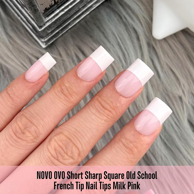 Short Sharp Square Nail Tips Wide White French Tip Milky Pink