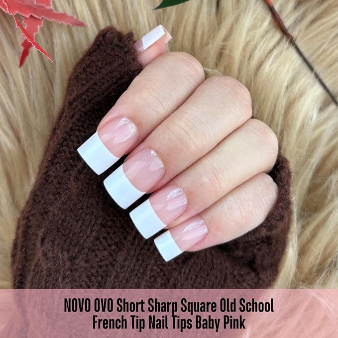 Short Sharp Square Nail Tips Wide White French Tip Baby Pink