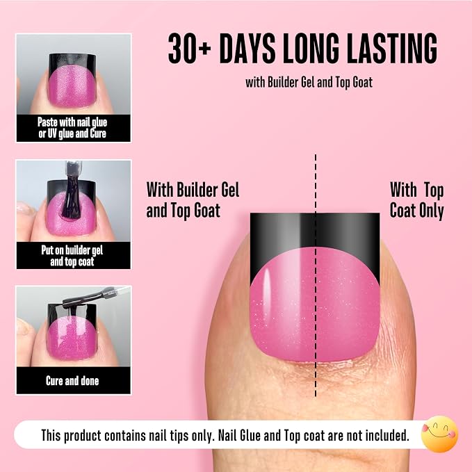 Sharp Square Toe Nail Tips Black French Tip Rose Pink