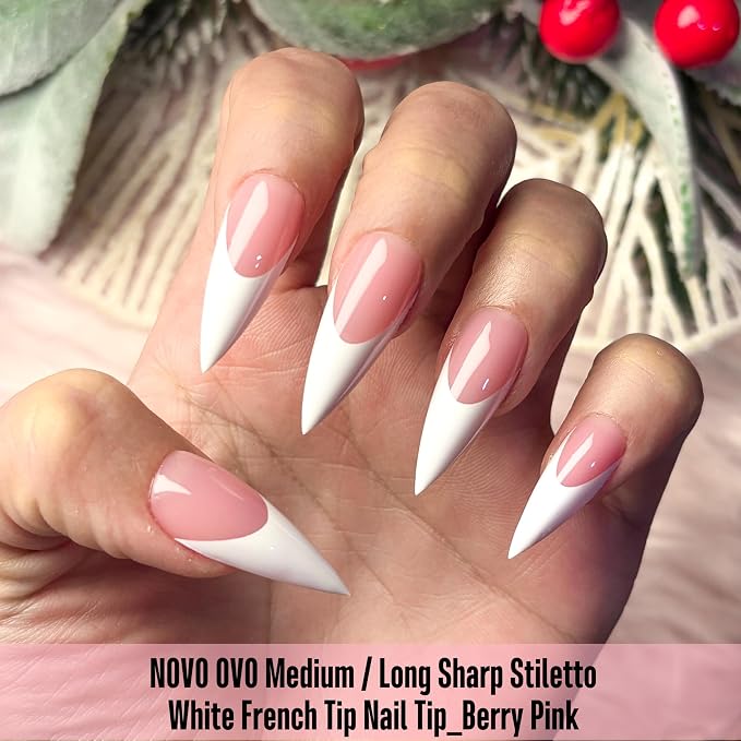 Medium or Long White French Tip Sharp Stiletto Nail Tips Berry Pink