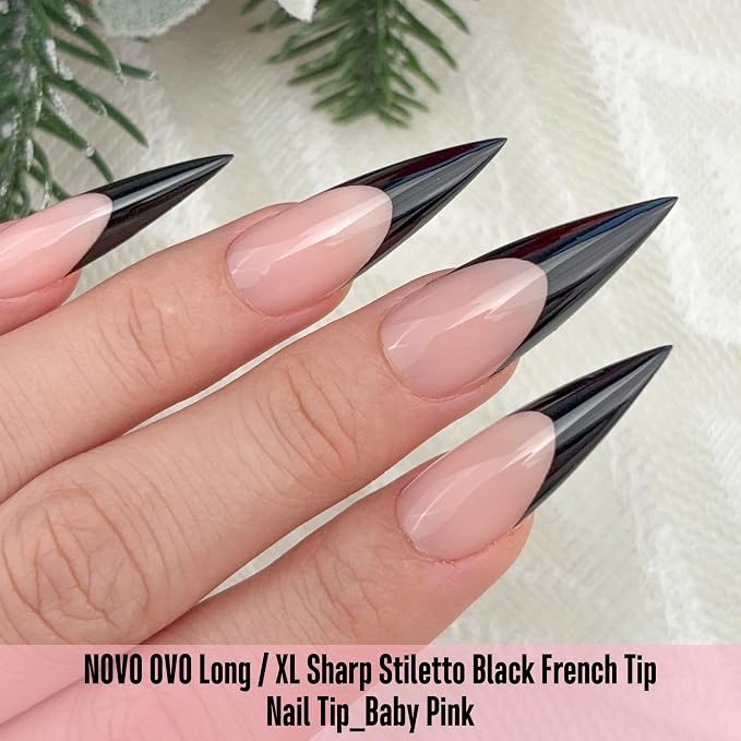 Long XL Sharp Stiletto Black French Tip Nail Tips Baby Pink