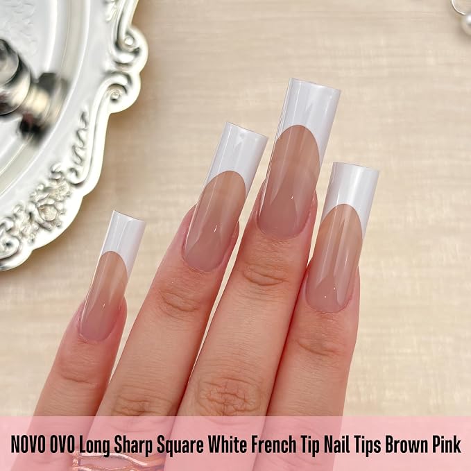 Long Sharp Square White French Tip Naili Tips Brown Pink 180