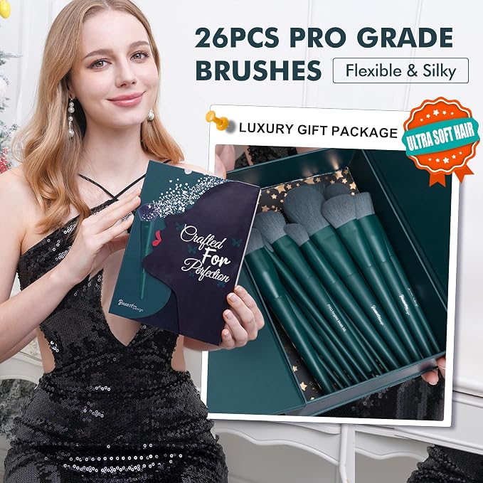 26Pcs Dark Green Makeup Brushes