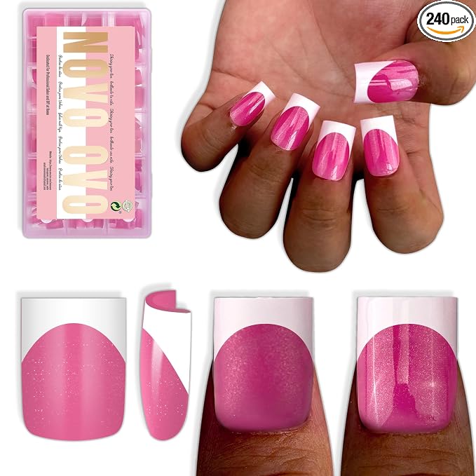 Short Sharp Square Nail Tips White French Tip ROSE PINK