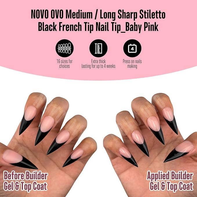 Medium or Long Black French Tip Sharp Stiletto Nail Tips Baby Pink