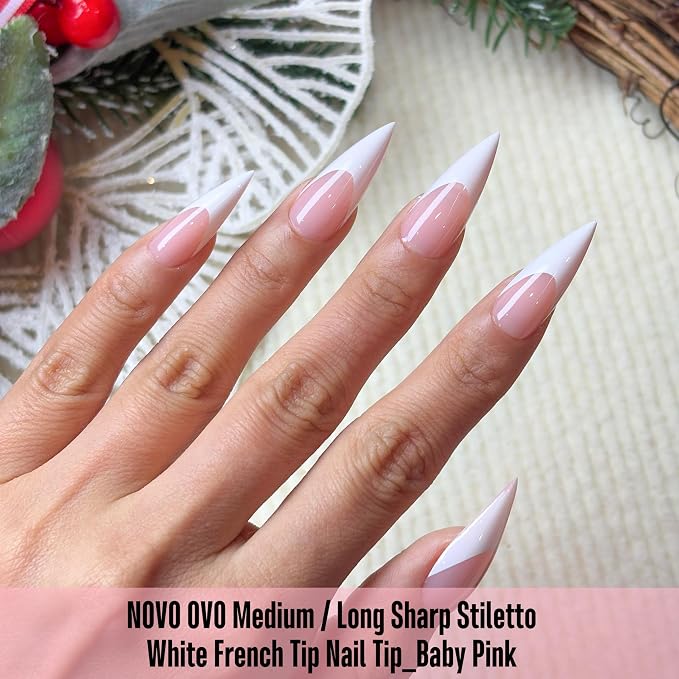Medium or Long White French Tip Sharp Stiletto Nail Tips Baby Pink