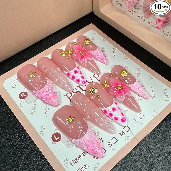 3D Tropical Dopamine Kawaii Pink Polka Dot (Beach Series) Handmade Nails