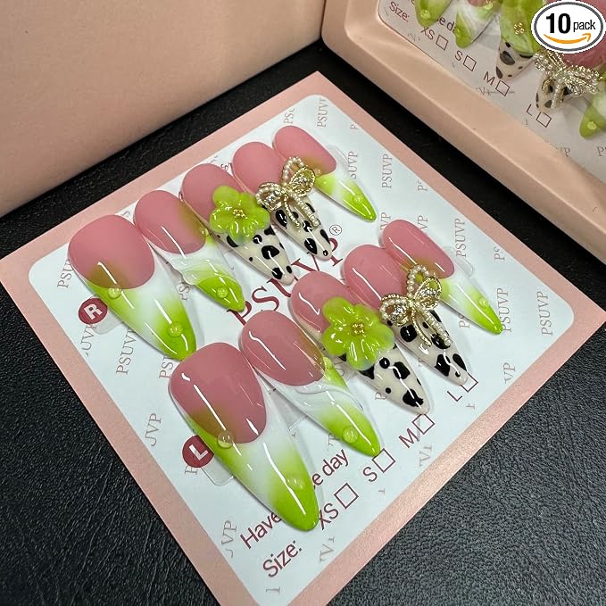 3D spotted green flower Bows Handmade nails